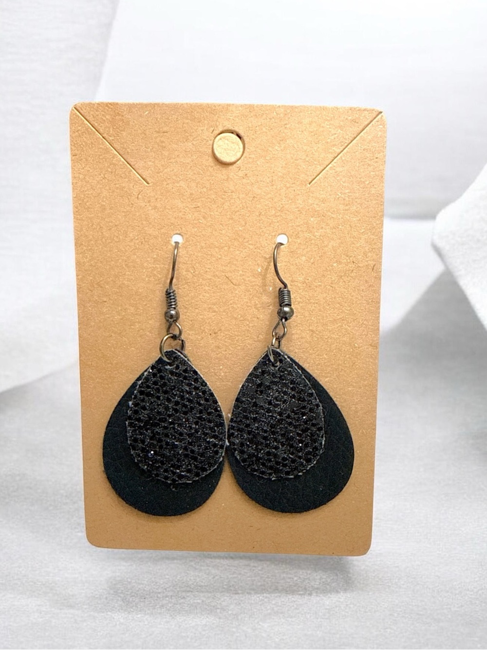 Handmade Faux Leather Black Teardrop Layered Dangle Earrings